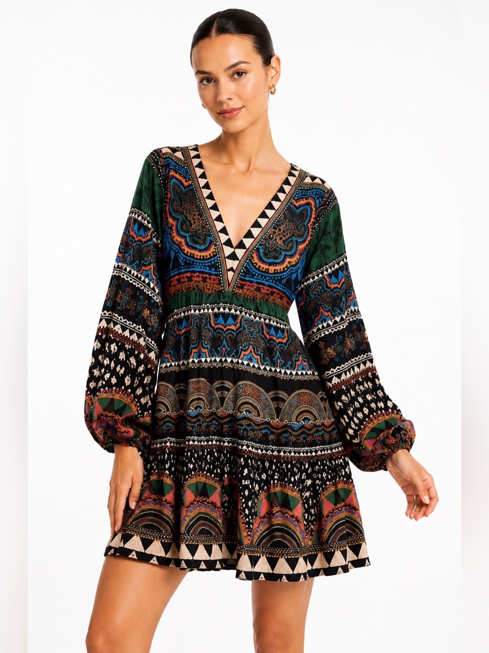 FARM Rio Green Boho Print Long Sleeve Mini Dress S